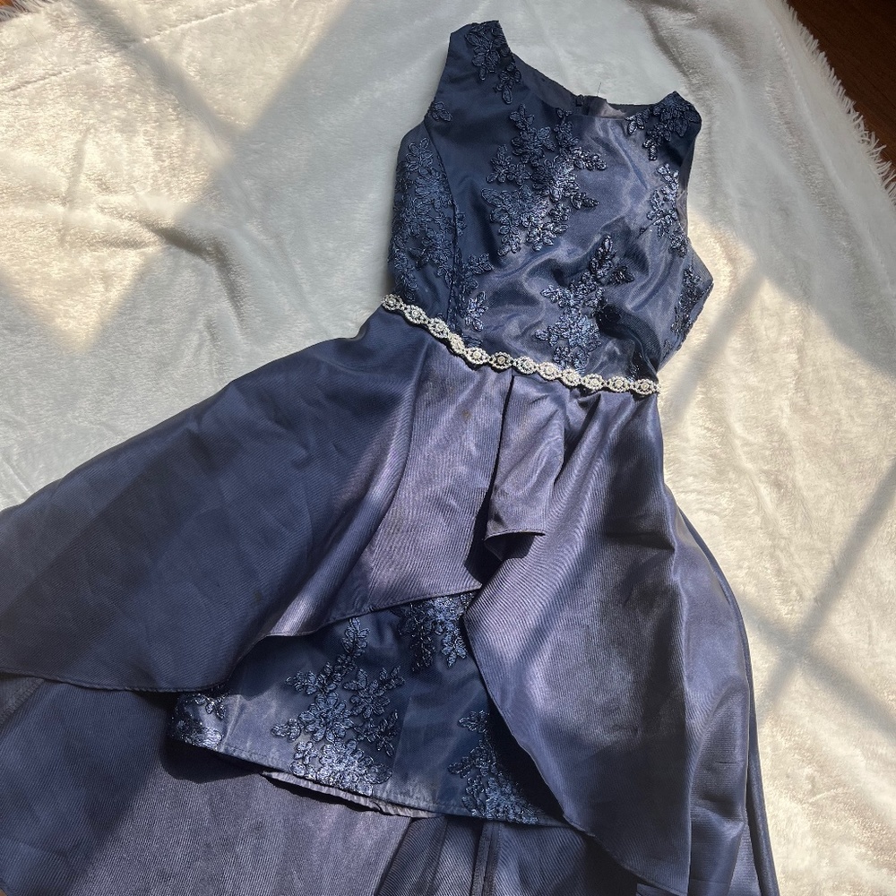 dark blue dress with floral designs and rhinestones